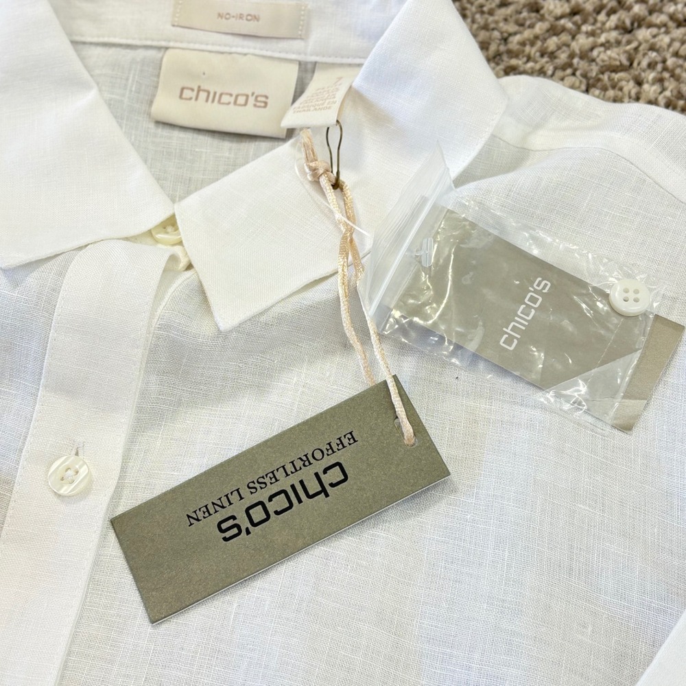 Chico's Linen Shirt Womens 1P M/8 White Lydia No Iron Tie Front Classic NWT - Picture 8 of 13